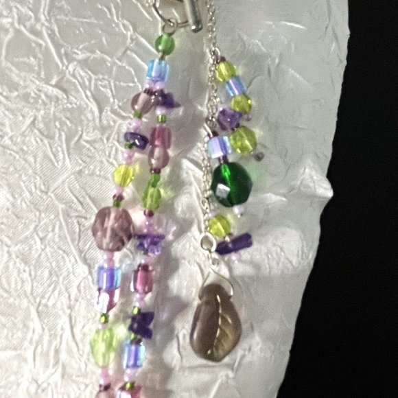 NEW Springtime Green Purple Blue & Pink Beads & Silver Tassel 2-Strand Necklace - Picture 4 of 7